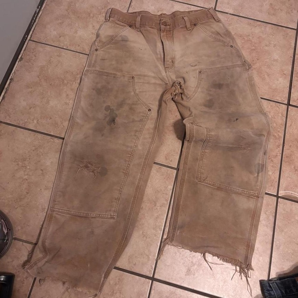 90s Carhartt double knee tan carpenter pants some visible wear shown Size 33x30